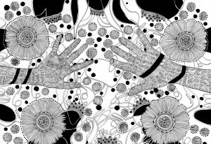 Monochromatic hands in the middle with floral motifs on the sides.