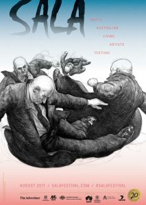 Bald men drawn in charcoal look like they are falling from the sky. the back ground is pink fading to light blue.