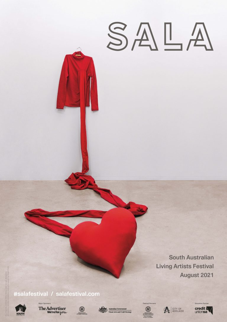 2021 SALA Poster, featuring a bright red heart sculpture on a neutral background