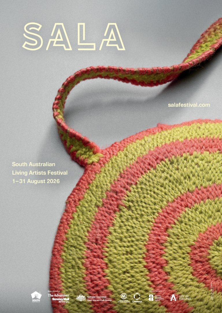 closeup of a green and pink textile artwork with a gray background and the SALA logo